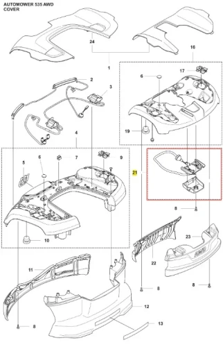 Płyta robota koszącego Automower 535 AWD Husqvarna, czarna z elementami szarymi, widok frontalny. Ułożona poziomo, pokazuje detale mechanizmów, w tym złącza elektryczne. Tło białe, czytelne oznaczenia na płycie. Unikalny kształt i struktura.