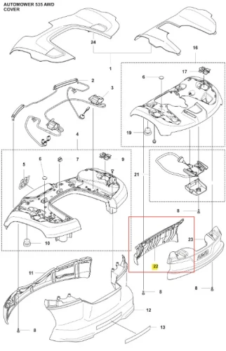 Czarny zderzak robota koszącego Automower 535 AWD Husqvarna z tworzywa sztucznego, widok z boku z logo producenta, bez zarysowań, element systemu koszenia.