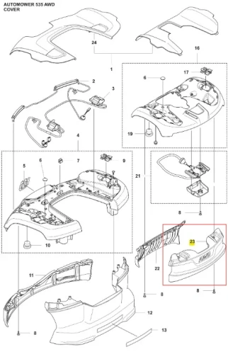 Czarny, matowy zderzak robota koszącego Automower 535 AWD Husqvarna z widokiem z góry, detalami gniazd i mocowań, poziomo na jednolitym tle, z napisem HUSQVARNA na dole.