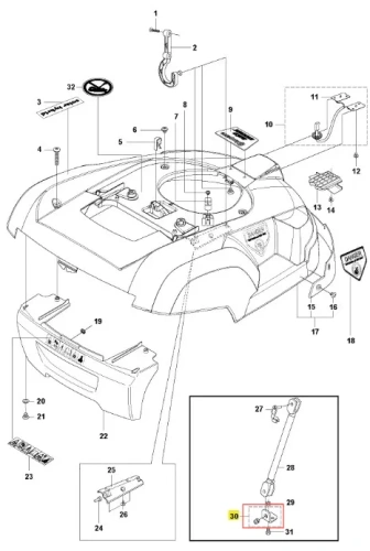 Wspornik robota koszącego Automower Solar Hybrid Husqvarna, widok z góry. Element ma prostokątny kształt, nelwaki na górnej powierzchni, mocowanie w postaci uchwytu. Tło białe, bez dodatkowych akcesoriów. Wymiary i tekstura niewidoczne.