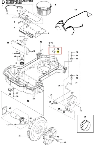 Czujnik pętli do robota koszącego Automower Solar Hybrid Husqvarna. Elementy widoczne na rysunku obejmują dolną część obudowy, przełączniki, złącza oraz inne komponenty montażowe. Widok jest techniczny z delikatnym podziałem na sekcje.