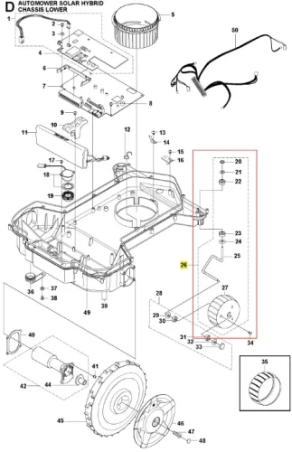 Schemat dolnej części podwozia robota koszącego Automower Solar Hybrid Husqvarna. W zestawie widoczne elementy takie jak koła, silnik, przewody oraz komponenty montażowe. Elementy rozmieszczone na białym tle, detale techniczne są czytelne.