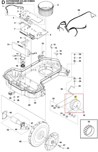 Dolna część koła robota koszącego Automower Solar Hybrid Husqvarna, pokazująca konstrukcję, mocowanie i napęd. Widok z góry na jasnym tle, podkreślający precyzję i wzornictwo.