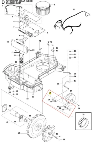 Zestaw kół i elementów mechanicznych robota koszącego Automower Solar Hybrid Husqvarna na białym tle, ukazujący dolne podwozie, kółka, akcesoria montażowe oraz elektromechanizmy.