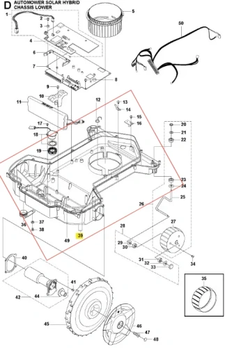 Rama dolna robota Husqvarna Automower Solar Hybrid, czarna, z trwałego plastiku. Widok z góry pokazuje otwór na kosiarkę, mocowania i detale konstrukcyjne na białym tle.