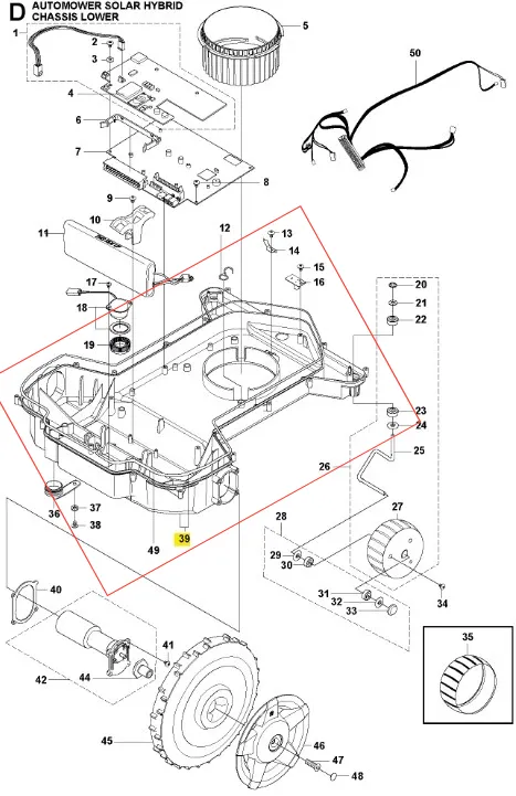 Rama dolna robota Husqvarna Automower Solar Hybrid, czarna, z trwałego plastiku. Widok z góry pokazuje otwór na kosiarkę, mocowania i detale konstrukcyjne na białym tle.