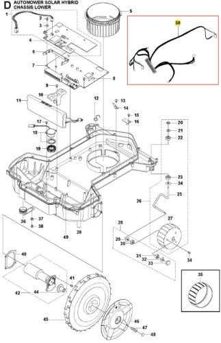 Szkic dolnej części podwozia robota Husqvarna Automower Solar Hybrid z silnikiem, obudową, mocowaniami i przewodem elektrycznym, oznaczonymi numerami na białym tle.