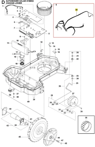 Schemat przedstawia dolną część podwozia robota koszącego Automower Solar Hybrid Husqvarna. Widoczne komponenty to elementy montażowe, silnik, kółka i przewody. Na górze znajduje się otwór na akumulator. Tło jest białe, co podkreśla detale.