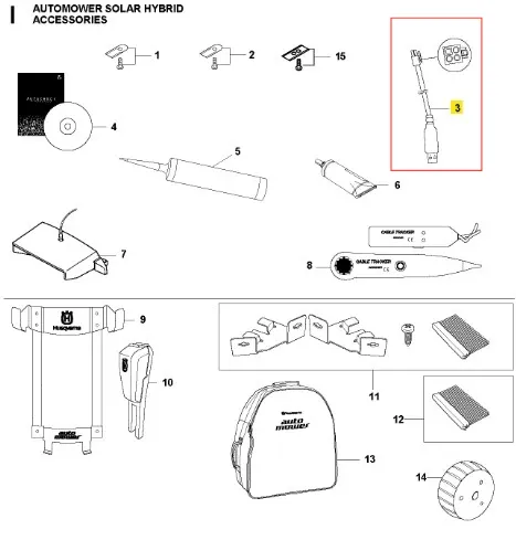 Przewód USB do robota Husqvarna Automower Solar Hybrid, czarny, z prostokątną końcówką, widok z boku z logo na białym tle.
