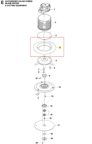 Szkic robota koszącego Automower Solar Hybrid Husqvarna z elementem nr 4 – szarym okrągłym pierścieniem mocującym między dwoma płaskimi częściami na diagramie z etykietami.