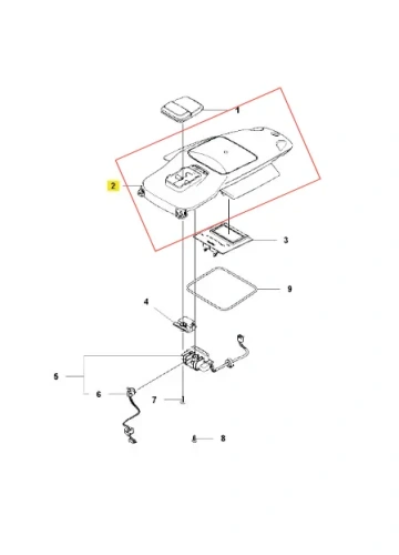 Schemat konsoli robota koszącego Automower 550 Husqvarna, widok z góry. Pokrywa (1), płyta główna (3), wiązka przewodów (6). Element 2 w centrum, numeracja szczegółowa.