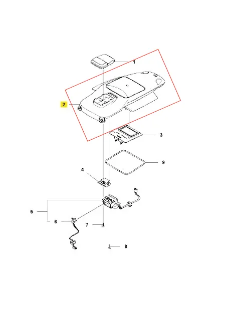 Schemat konsoli robota koszącego Automower 550 Husqvarna, widok z góry. Pokrywa (1), płyta główna (3), wiązka przewodów (6). Element 2 w centrum, numeracja szczegółowa.