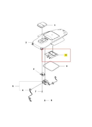 Fragment płytki robota koszącego Automower 550 Husqvarna, z widocznymi elementami elektronicznymi. Ujęcie z góry, pokazujące detale komponentów. Kolor dominujący: szary. W tle prosta grafika, ułatwiająca zrozumienie konstrukcji.