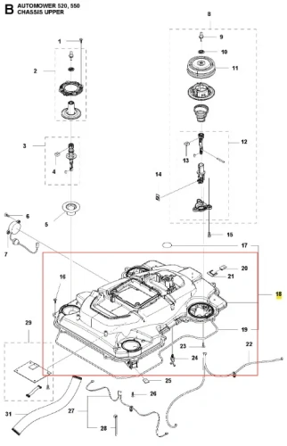 Szara obudowa robota koszącego Automower 550 Husqvarna, z otworami na koła i złącza, logo i oznaczeniami. Widok z góry na białym tle, gotowa do montażu.
