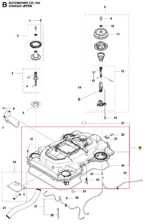 Szara obudowa robota koszącego Automower 550 Husqvarna, z otworami na koła i złącza, logo i oznaczeniami. Widok z góry na białym tle, gotowa do montażu.