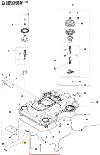 Wizualizacja górnej części podwozia robota koszącego Automower 550: obudowa, elementy mocujące, przewody i gniazdo akumulatora w szaro-czarnym matowym wykończeniu.