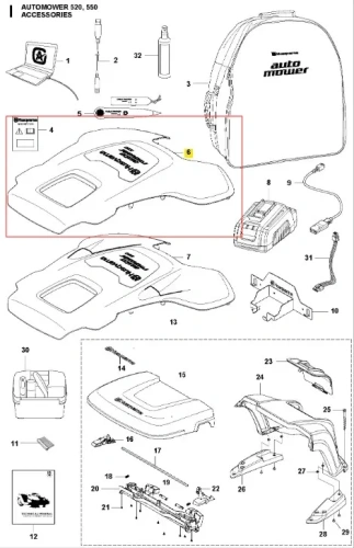 Obudowa 520 pomarańcz do robota koszącego Automower 550 Husqvarna. Wysoka, z wycięciem na logo auto mower. Materiał plastikowy, gładka faktura, umieszczona na białym tle. Zbliżenie na detale mocowania z boku.