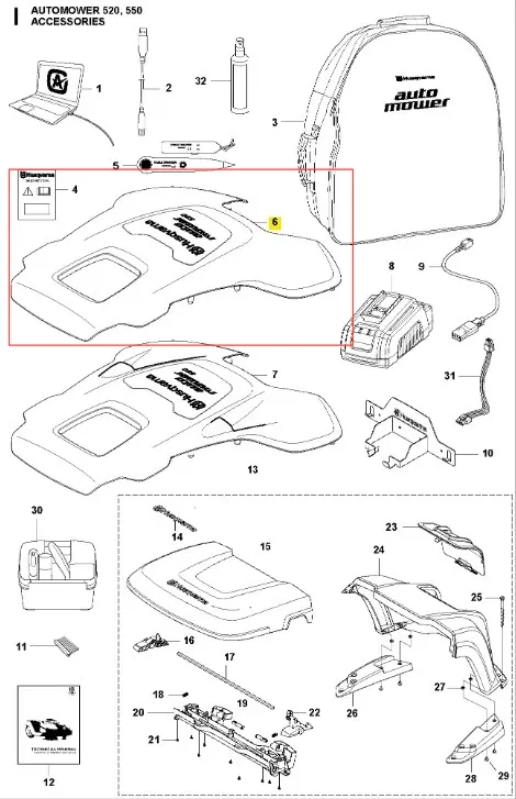 Obudowa 520 pomarańcz do robota koszącego Automower 550 Husqvarna. Wysoka, z wycięciem na logo auto mower. Materiał plastikowy, gładka faktura, umieszczona na białym tle. Zbliżenie na detale mocowania z boku.
