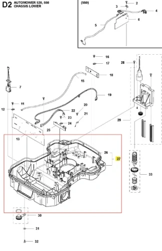 Zestaw podwozia robota koszącego Automower 520 Husqvarna z czarnym korpusem, mocowaniami i otworami na elementy, pokazany na prostym tle w poziomie dla lepszej widoczności detali konstrukcji.