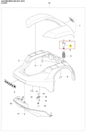 Wspornik robota koszącego Automower 305 Husqvarna, z montażowym detalem w widoku z przodu i z boku. Element biały z metalowym mocowaniem, znajdujący się na tle jasnoszarym, z widocznymi numerami części. W zestawie element sprężyny.
