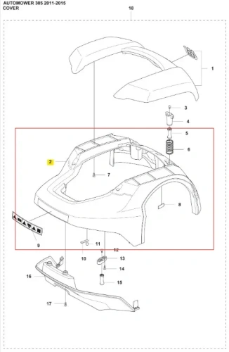 Obudowa robota koszącego Automower 305 Husqvarna w kolorze czarnym, wykonana z tworzywa sztucznego. Ujęcie z góry, pokazujące szczegóły konstrukcji, w tym rowki montażowe. Zawiera elementy mocujące, a także logo producenta. Tło białe.