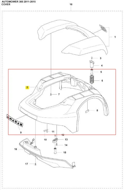Obudowa robota koszącego Automower 305 Husqvarna w kolorze czarnym, wykonana z tworzywa sztucznego. Ujęcie z góry, pokazujące szczegóły konstrukcji, w tym rowki montażowe. Zawiera elementy mocujące, a także logo producenta. Tło białe.