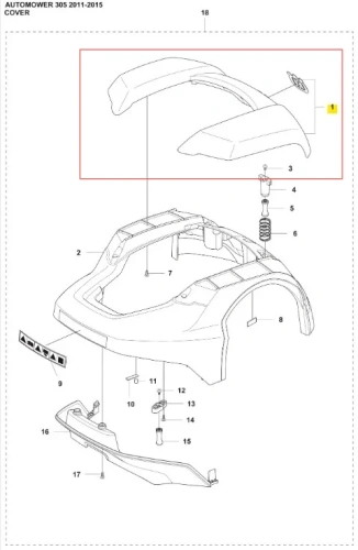 Obudowa robota koszącego Automower 305 Husqvarna w kolorze szarym z zaokrąglonymi krawędziami, przedstawiona z przodu. Widoczna dolna część obudowy z miejscem na mocowanie oraz wbudowane otwory. Elementy montażowe w komplecie, bez napisu.