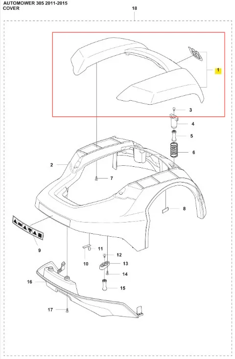 Obudowa robota koszącego Automower 305 Husqvarna w kolorze szarym z zaokrąglonymi krawędziami, przedstawiona z przodu. Widoczna dolna część obudowy z miejscem na mocowanie oraz wbudowane otwory. Elementy montażowe w komplecie, bez napisu.