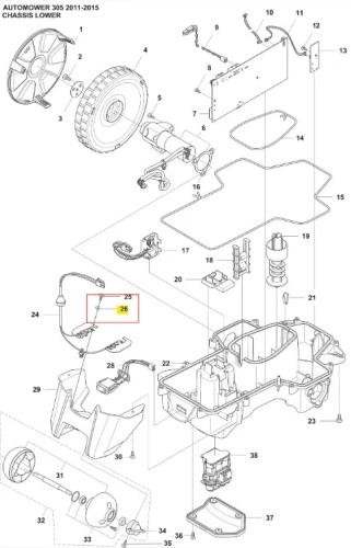 Podkładka robota koszącego Automower 305 Husqvarna w złożonym widoku z góry. Widać kilka elementów, w tym główne podzespoły, koła oraz drobne akcesoria montażowe. Zestaw pokazuje detale i rozmieszczenie. Tło białe, co podkreśla elementy.