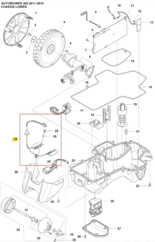 Styk ładujący do robota kosiarki Automower 305 Husqvarna, czarny z metalowymi końcówkami, elastyczny przewód z dwoma wyjściami, zamontowany na podłożu, pokazany w zbliżeniu.