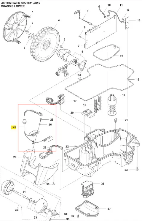 Styk ładujący do robota kosiarki Automower 305 Husqvarna, czarny z metalowymi końcówkami, elastyczny przewód z dwoma wyjściami, zamontowany na podłożu, pokazany w zbliżeniu.