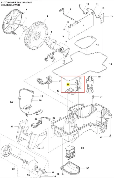 Szary wspornik robota koszącego Automower 305 Husqvarna z tworzywa sztucznego, z dwoma mocowaniami, zamontowany w obudowie na białym tle, widoczne detale konstrukcyjne.
