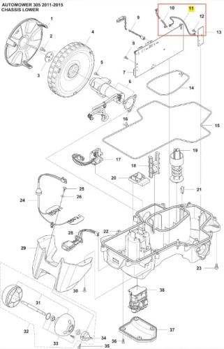 Przewód czujnika pętli robota koszącego Automower 305 Husqvarna, czarny i szary, prostokątny z widocznymi złączami, ułożony poziomo na jasnym tle, eksponujący detale montażowe.