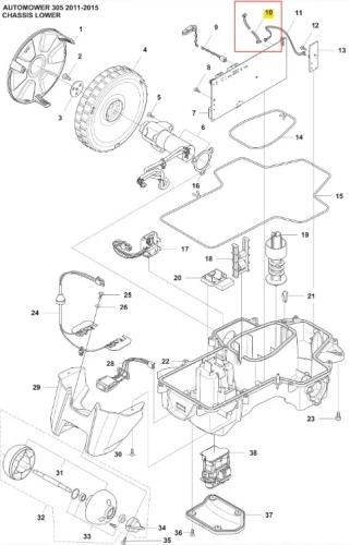 Taśma do robota koszącego Automower 305 Husqvarna, szara, elastyczna z mocowaniami i oznaczeniami, widoczna z boku na białym tle.