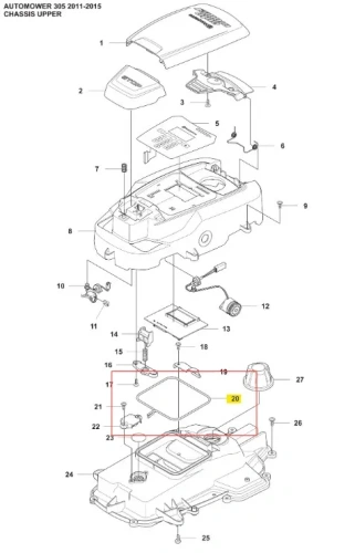 Zestaw uszczelek do Automower 305 Husqvarna na białym tle, zawiera różne kształty i rozmiary, niektóre z logo Husqvarna. Nowe, gotowe do montażu, o różnych funkcjach.
