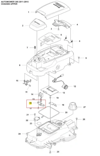 Czarny wspornik robota koszącego Automower 305 Husqvarna z tworzywa sztucznego, widok z boku pokazujący mocowanie, strukturę i logo producenta.