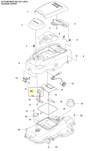 Blokada robota koszącego Automower 305 Husqvarna, widoczna z góry. Element plastikowy, w kolorze czarnym, z wyraźnym logo. Zestaw zawiera również mocowanie. Produkt zaprojektowany do zapewnienia bezpieczeństwa robota podczas pracy w ogrodzie.