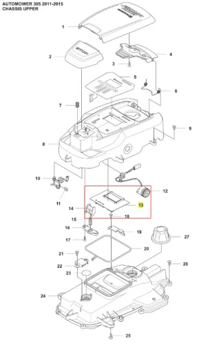 Układ scalony do robota koszącego Automower 305 Husqvarna, z metalowym mikrochipem i oznaczeniem 13, osadzony w korpusie z szarymi elementami mocującymi na tle chassis.
