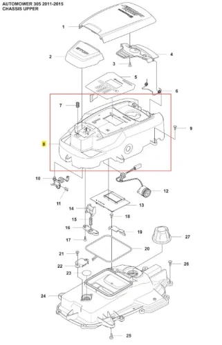 Szkielet górny robota koszącego Automower 305 Husqvarna, w kolorze szarym, z wyraźnym logo producenta. Układ elementów montażowych z widocznymi punktami mocowania. Kąt ujęcia z góry, pokazujący szczegóły konstrukcji.