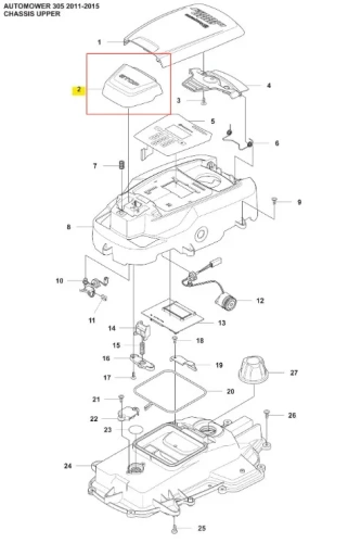Stop przycisk robota koszącego Husqvarna Automower 305 w kształcie prostokąta, wykonany z ciemnego plastiku. Widoczny u góry napis Husqvarna. Element leży na tle schematu podzespołów. Przycisk ma lekką teksturę oraz wcięcia po bokach.