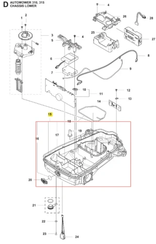 Obudowa robota koszącego AUTOMOWER 315 Husqvarna w kolorze czarnym, ukazana z boku, z wyraźnie widoczną szczegółową konstrukcją. Elementy mocujące i logo Husqvarna są czytelne. Tło neutralne, ułatwiające dostrzeganie detali obudowy.
