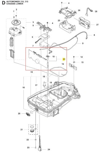 Płytka sterująca do robota koszącego AUTOMOWER 315 Husqvarna, z widocznymi złączami, guzikami i oznaczeniami, prostokątna, matowa, z tworzywa, na białym tle, ułożona płasko.