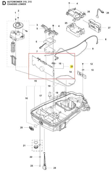 Płytka sterująca do robota koszącego AUTOMOWER 315 Husqvarna, z widocznymi złączami, guzikami i oznaczeniami, prostokątna, matowa, z tworzywa, na białym tle, ułożona płasko.