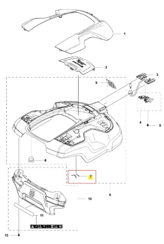 Sprężyna robota koszącego AUTOMOWER 315 Husqvarna, prostokątna, metaliczna, złota, z zaokrąglonymi krawędziami i wyraźnymi oznaczeniami montażowymi na białym tle.
