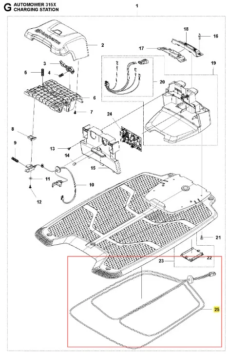 Przewody do Husqvarna AUTOMOWER 315X, zestaw do stacji ładującej: różne długości przewodów, mocowania, teksturowana pokrywa. Tło białe, elementy wyraźne, zerowy kąt widzenia.