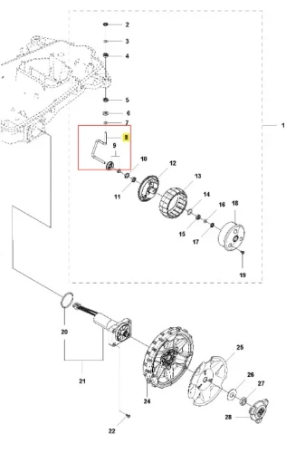 Wrzeciono robota koszącego AUTOMOWER 315X Husqvarna, w układzie częściowym, przedstawia elementy montażowe, w tym uchwyt w kształcie litery L. W zestawie widoczne są śruby, zębatki oraz obudowa. Detale w kolorze metalicznym, na białym tle.