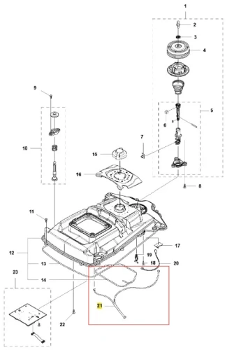Wiązka przewodów robota koszącego Husqvarna AUTOMOWER 315X. Na rysunku widoczne dwa elastyczne przewody w czarnym kolorze z widocznymi końcówkami, zakrzywione, ułożone w kształt litery S. Elementy przyporządkowane do instrukcji montażu.