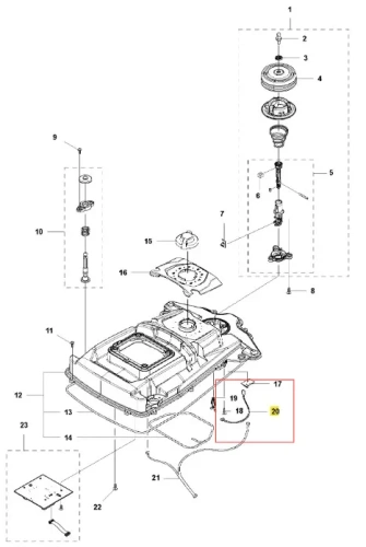 Wiązka elektryczna robota koszącego AUTOMOWER 315X Husqvarna z góry na białym tle, z wielokolorowymi przewodami, złączem, mocowaniem oraz oznaczeniami montażowymi i numerycznymi.