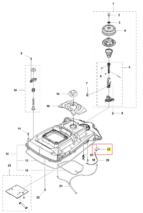 Schemat płytki robota koszącego AUTOMOWER 315X Husqvarna. Widoczny detal z numerem 17, oznaczony na żółto, w kontekście montażu. Produkt przedstawiony z boku, na jednolitym tle, ukazujący elementy składowe i miejsca mocowania.