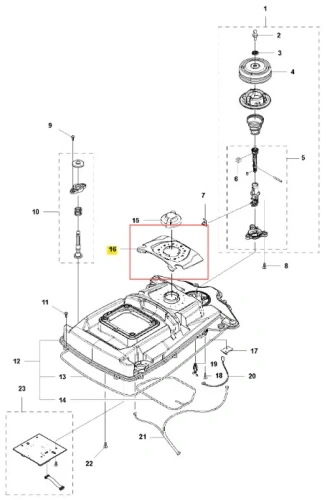 Płyta robota koszącego AUTOMOWER 315X Husqvarna, kwadratowa z centralnym logo, wykonana z tworzywa sztucznego, pokazana z boku podczas montażu na białym tle.
